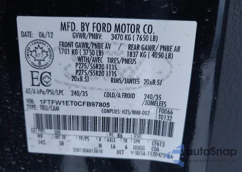 2012 Ford F-150 Fx4 from USA, damaged, VIN 1FTFW1ET0CFB97805